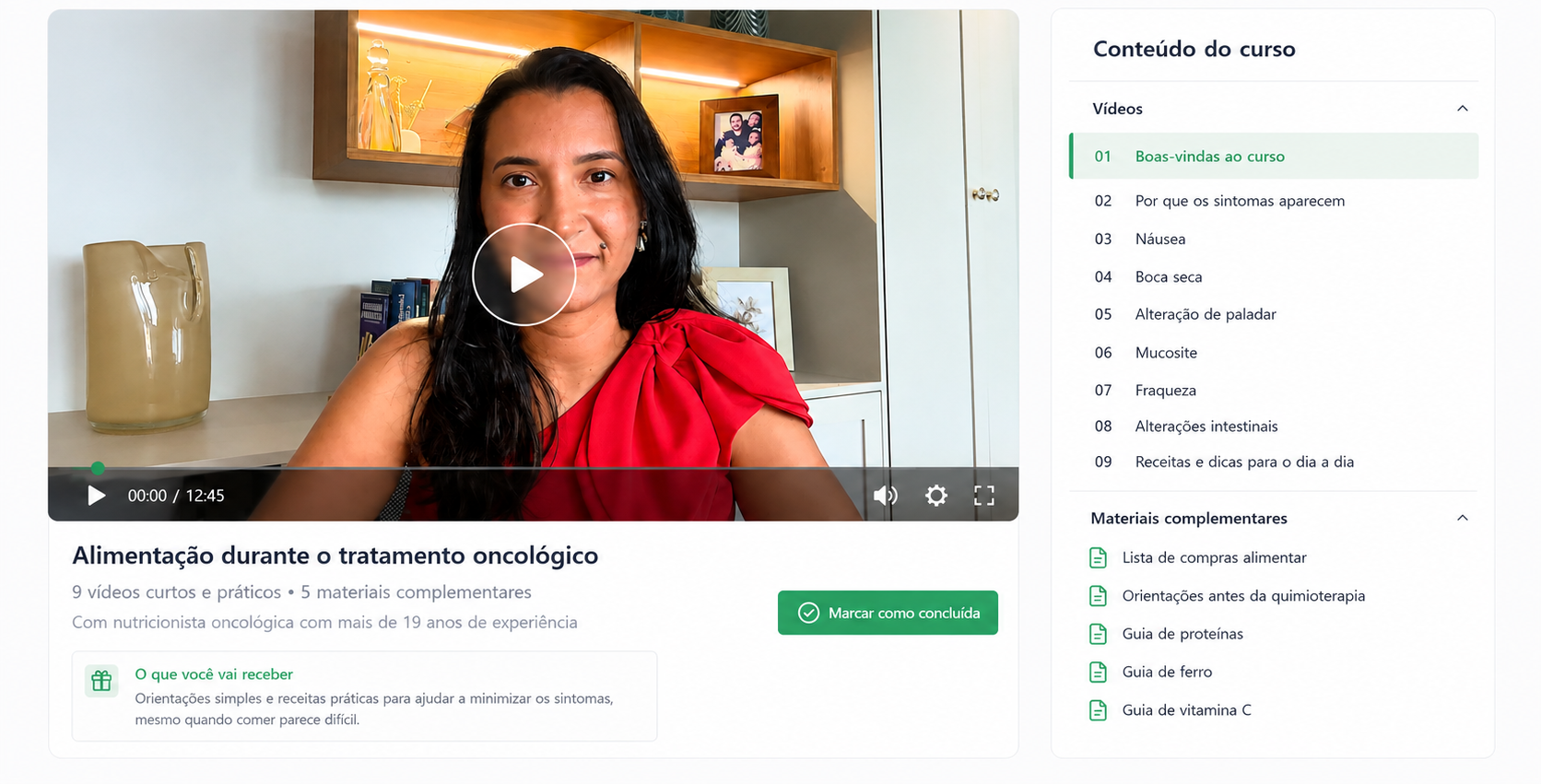Área de membros com o vídeo e a lista de conteúdos do Alívio Sobre a Mesa